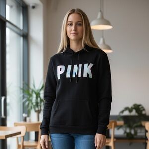 PINK Victoria's Secret Black Hoodie with Iridescent Logo
